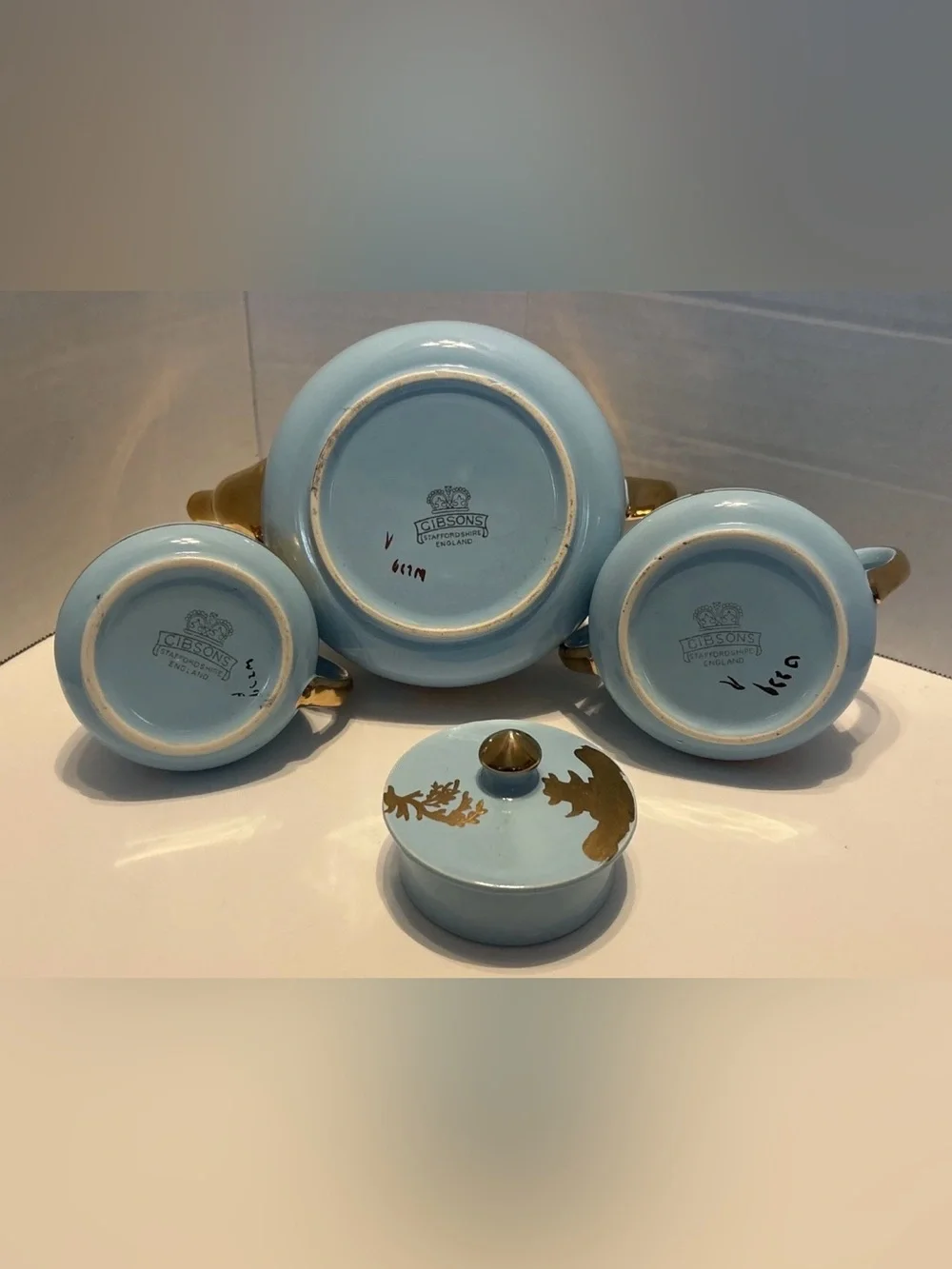 Vintage Robins' Egg Blue Gold Pagoda Scenes Gibsons Teapot England Set 4pc